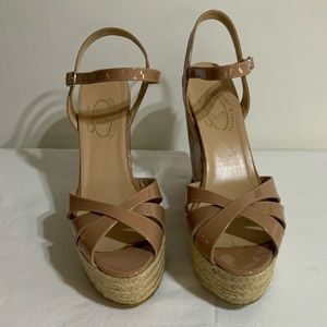 Ettore Masotti- Dark Blush patent wedge platform sandal with ankle strap.